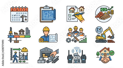 Sleek Illustrated Icons Showcasing Construction Project Management Planning and Execution Process