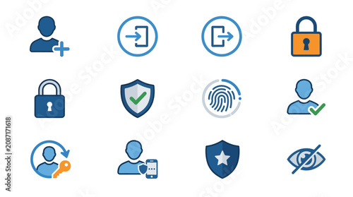 Corporate Security and Authentication Icons Set with Modern Blue and Orange Color Scheme with high quality professional line art symbols for modern creative design and digital branding projects