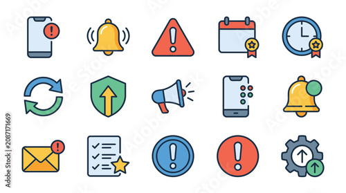 Professional Icons Set Showing Alerts Notifications Updates and System Status in Flat Design Style