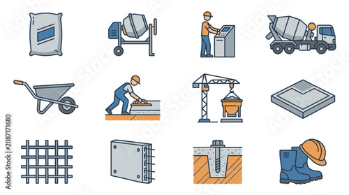 Creative Illustrated Guide to Construction Materials and Equipment with Workers in Blue and Orange
