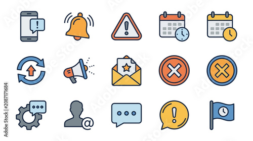 Creative Set of 15 Colorful Icons Featuring Notifications Alerts Communication and Scheduling Symbols
