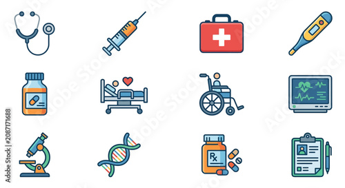 Industrial Style of Medical and Healthcare Icons with Flat Design Colors with high quality professional line art symbols for modern creative design and digital branding projects