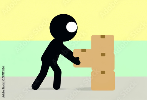 Stick figure pushing a stack of cardboard boxes during a move or delivery. Flat design illustration.