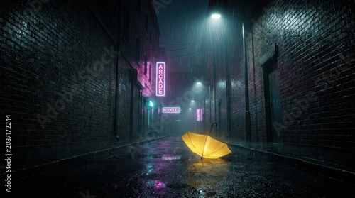 A lonely yellow umbrella lies abandoned on a wet dark city street at night illuminated by glowing neon signs and rain