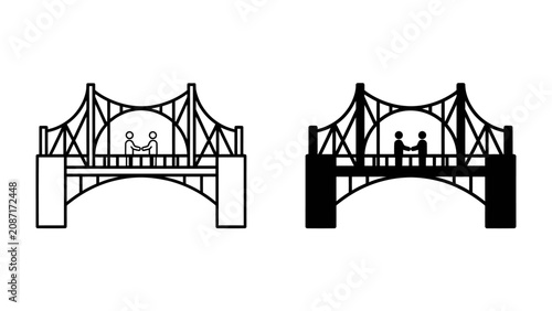 Bridge Icon: A stylized illustration of a suspension bridge, presented in both a black and white outline and a solid silhouette, features two minimalistic figures shaking hands at the apex.