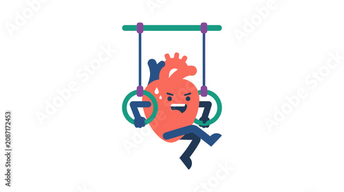Cartoon Heart Exercising on Gymnastic Rings, Healthy Lifestyle