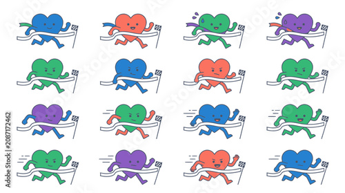 Cartoon Hearts Racing To Finish Line, Diverse Emotions, Competition Concept