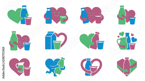 Cute cartoon milk bottles and hearts hugging, healthy dairy product concept, vector illustration