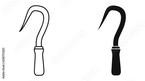 Fotografie Sickle Tool Icon: Two stylized sickle tools, one in outline and one in solid black, representing an agricultural or harvesting implement
