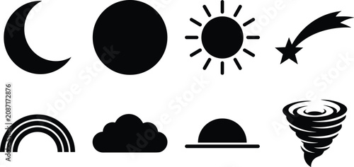 Obraz na plátně Weather phenomena and astronomical space elements flat black vector silhouette m