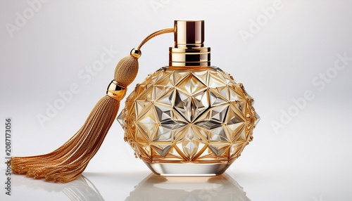 Elegant Gold And Crystal Perfume Atomizer With Tassel On White Background