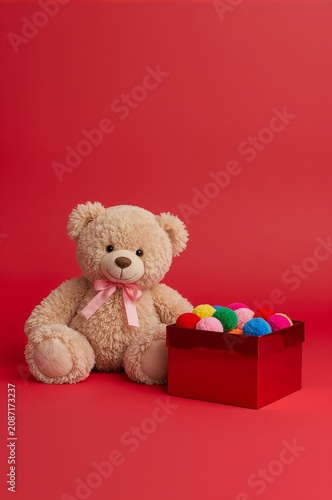 Soft Teddy Bear Next to a Box Filled With Colorful Pom Poms on a Bright Backg...