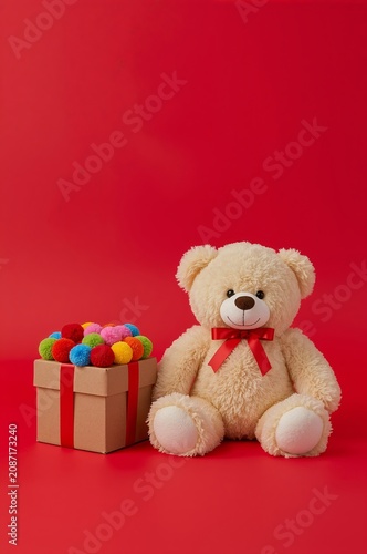 Cute Teddy Bear Sits Next to a Gift Box Filled With Colorful Pom Poms on a Re...