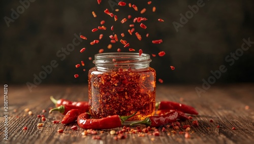 Red Chili Flakes in a Glass Jar With Whole Chilies on a Wooden Surface
