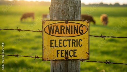 Warning Sign on Electric Fence in Field