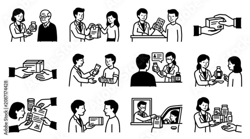 Cuadro en lienzo Medical professionals dispensing medication to patients in various scenes