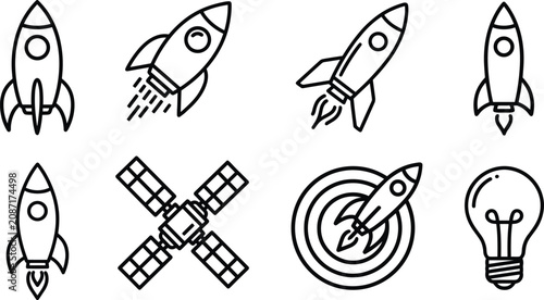 Minimalist vector line art icon set of space rockets satellite and a business innovation lightbulb isolated on background