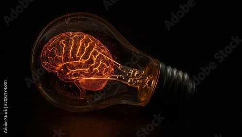 Light Bulb Shaped Like a Brain Glowing in Dark Background