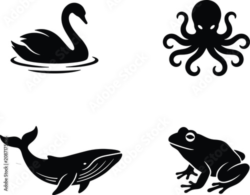 Photography Solid black vector glyph icon set of aquatic animals and amphibians silhouettes
