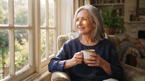 Senior woman with gold eye patches holding a ceramic tea mug