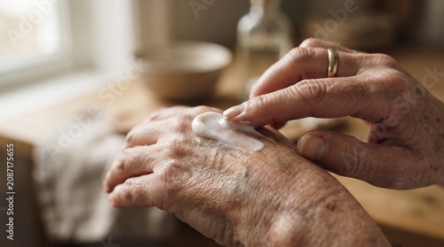 Close up of an elderly person applying cream to their hand