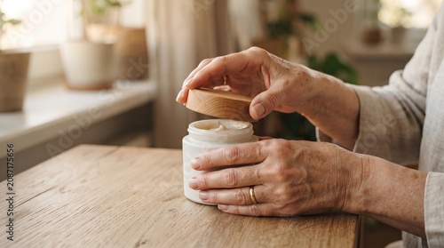 Senior woman opening a container of skincare cream on wooden table