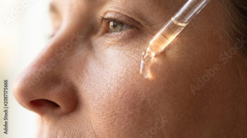 Close up of woman applying facial skincare serum with a dropper