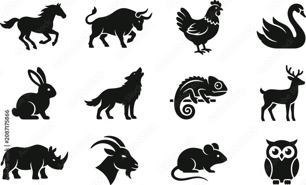 Obraz premium Solid black vector glyph icon set of wild animals and farm livestock silhouettes isolated on a white background