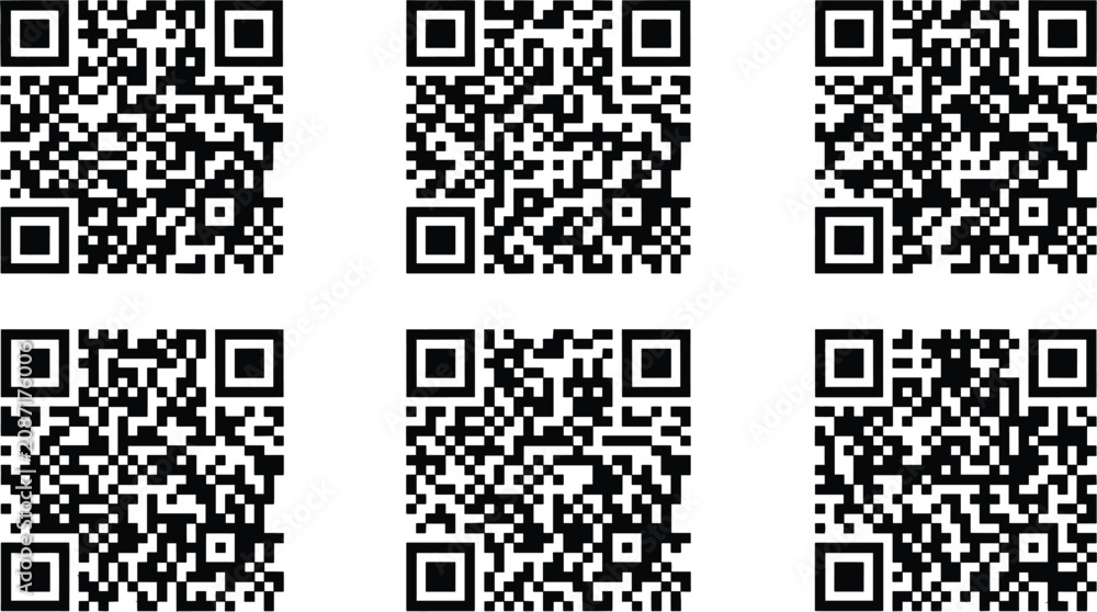 Fototapeta premium Vector black and white QR code icon set for digital payment scanning smartphone scanner and business verification technology