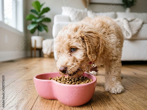 Golden doodle puppy eating dry food from pink heart shaped bowl in bright modern living room