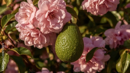 Avocado Hanging From Tree Branch Surrounded by Pink Flowers in Sunny Garden
