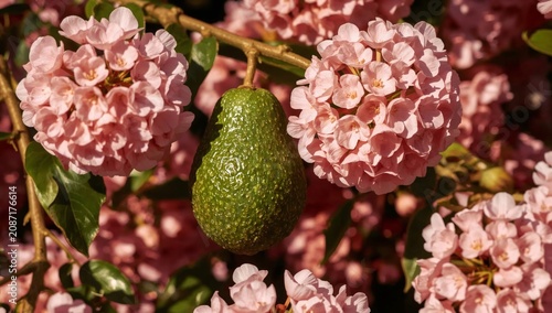 Fresh Avocado Hanging Among Blooming Pink Flowers in a Garden During Springtime