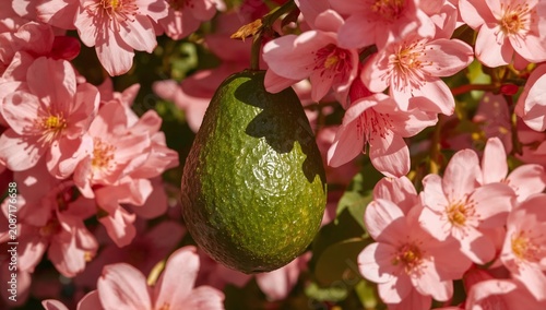 Avocado Hanging Among Pink Flowers in a Garden on a Sunny Day During Spring S...