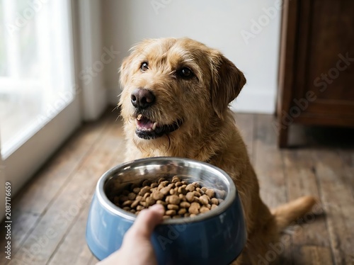 A dog eagerly awaits its meal from a blue bowl