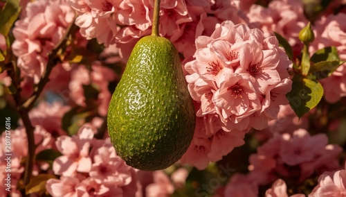 Green Avocado Hanging on a Branch With Pink Flowers in a Sunny Location