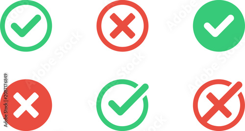 Set of check and cross marks in different colors