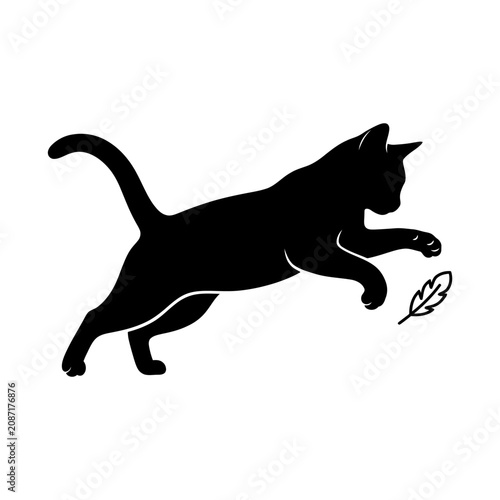 Black cat silhouette, playful feline, running cat, animal icon isolated on White Background