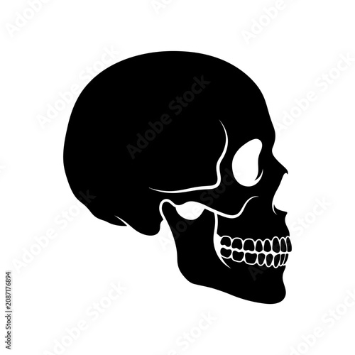 Black skull icon, human skull silhouette, side view, white background, graphic symbol isolated on White Background