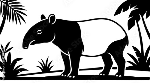 Quadro su tela A black and white illustration of a tapir standing in a tropical forest surrounded by plants and trees