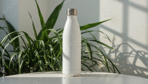 Bottle Sits on a Table Near Plants in a Bright Room With Sunlight Streaming T...