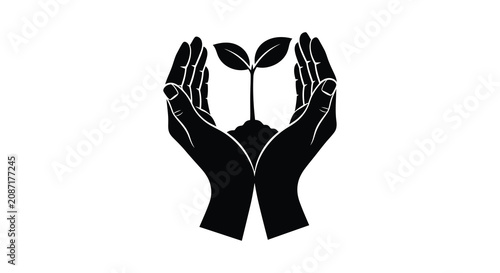 Bild auf Leinwand Hands cradling seedling with soil black silhouette