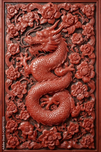 Carved Dragon Surrounded by Flowers Displayed on a Wooden Panel