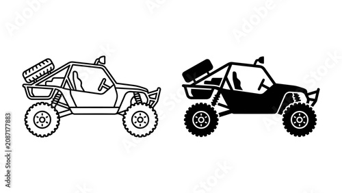 Foto Buggy Silhouette: Two dune buggies, one outlined and one solid black, are depicted side-by-side, showcasing their off-road design and rugged appeal