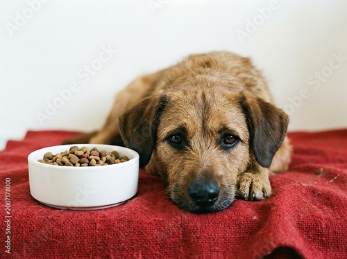 Golden jackabee lying beside full bowl of dry kibble on textured red fabric background