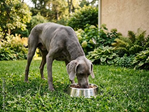 Weimaraner dog eating from a metal bowl in a garden