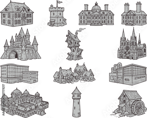 Vászonkép Set of various architectural building styles including medieval castles vintage