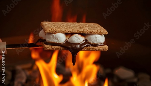 Making Smores by the Fire With Chocolate, Marshmallows, and Graham Crackers a...