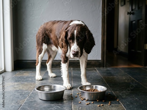 English springer spaniel standing near food and water bowls on slate floor indoors