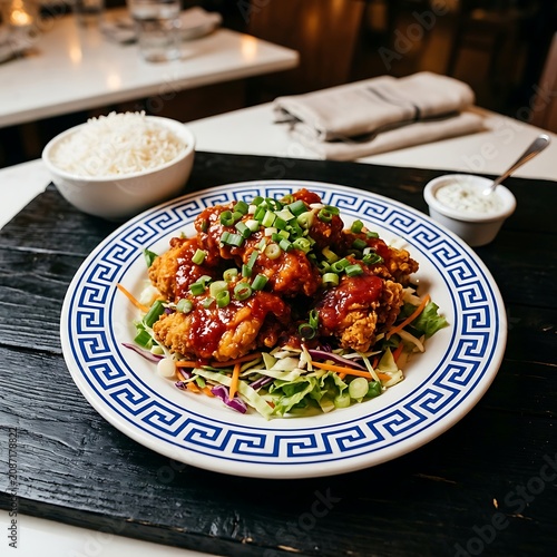 Korean style fried chicken with vegetables and rice