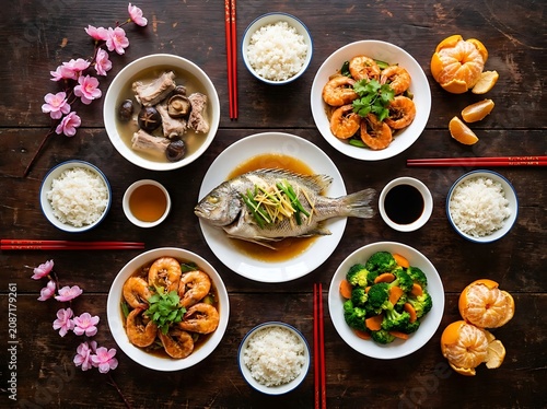 Traditional chinese meal with seafood and vegetables on a wooden table